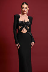 Flor Sexy Contour Long Sleeve Cut Out Floral Bandage Maxi Dress