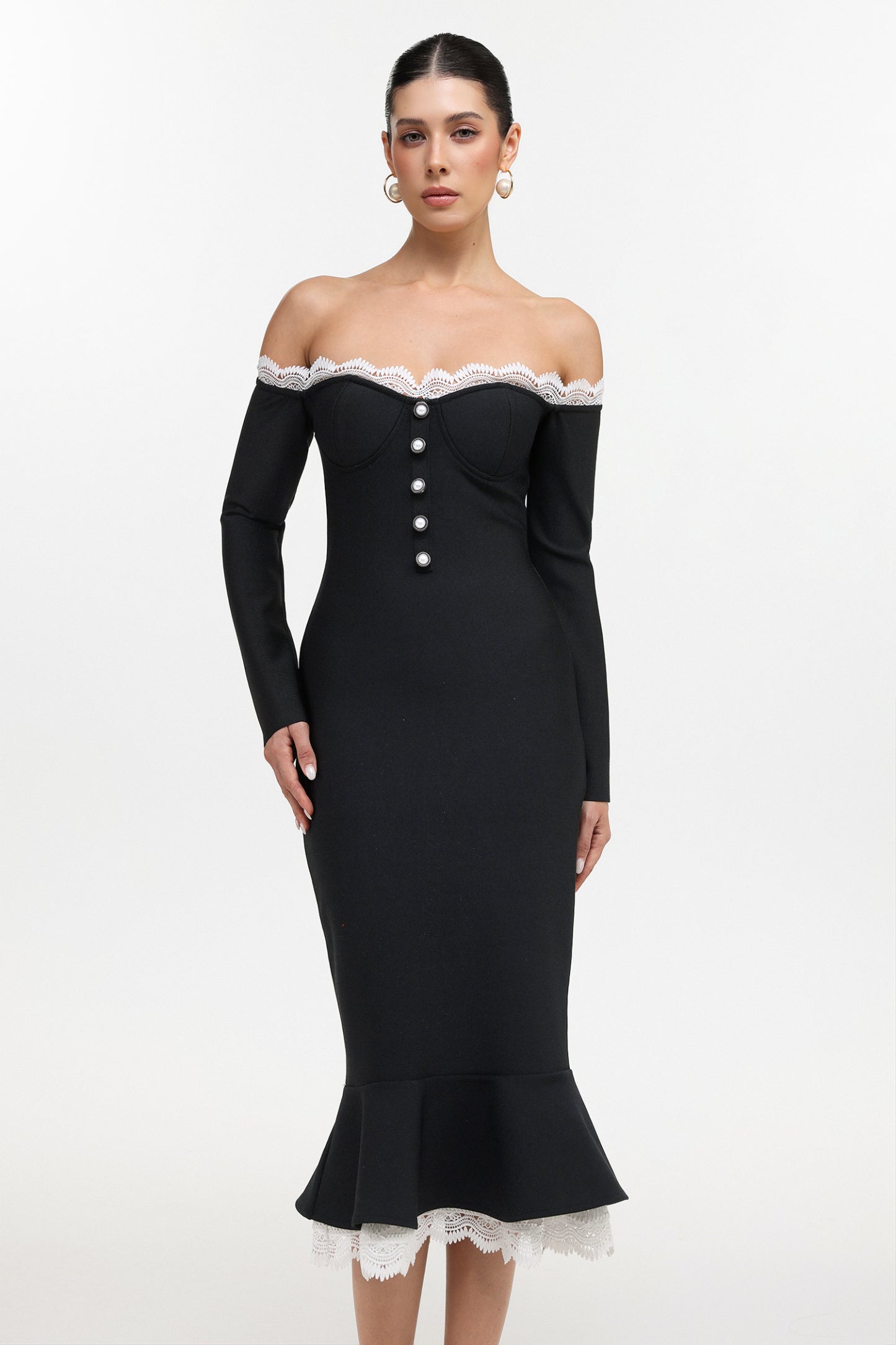 Lousia Romantic Contour Off Shoulder Button Front Lace Trim Bandage Midi Dress