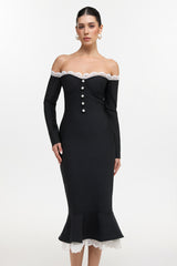 Lousia Romantic Contour Off Shoulder Button Front Lace Trim Bandage Midi Dress