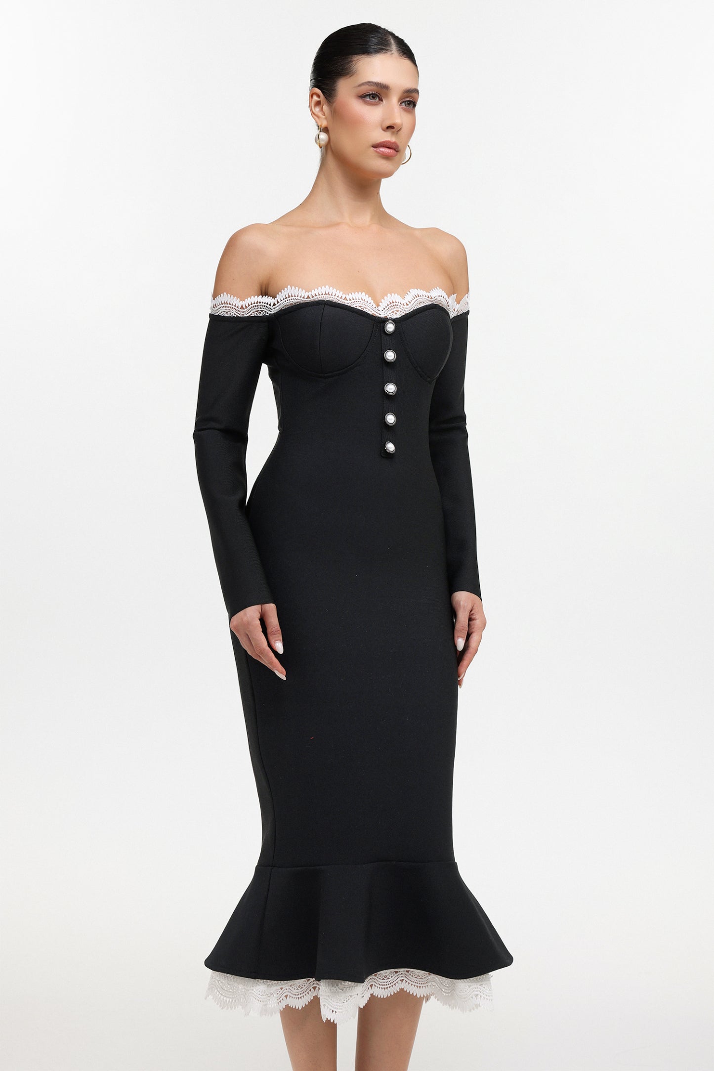 Lousia Romantic Contour Off Shoulder Button Front Lace Trim Bandage Midi Dress