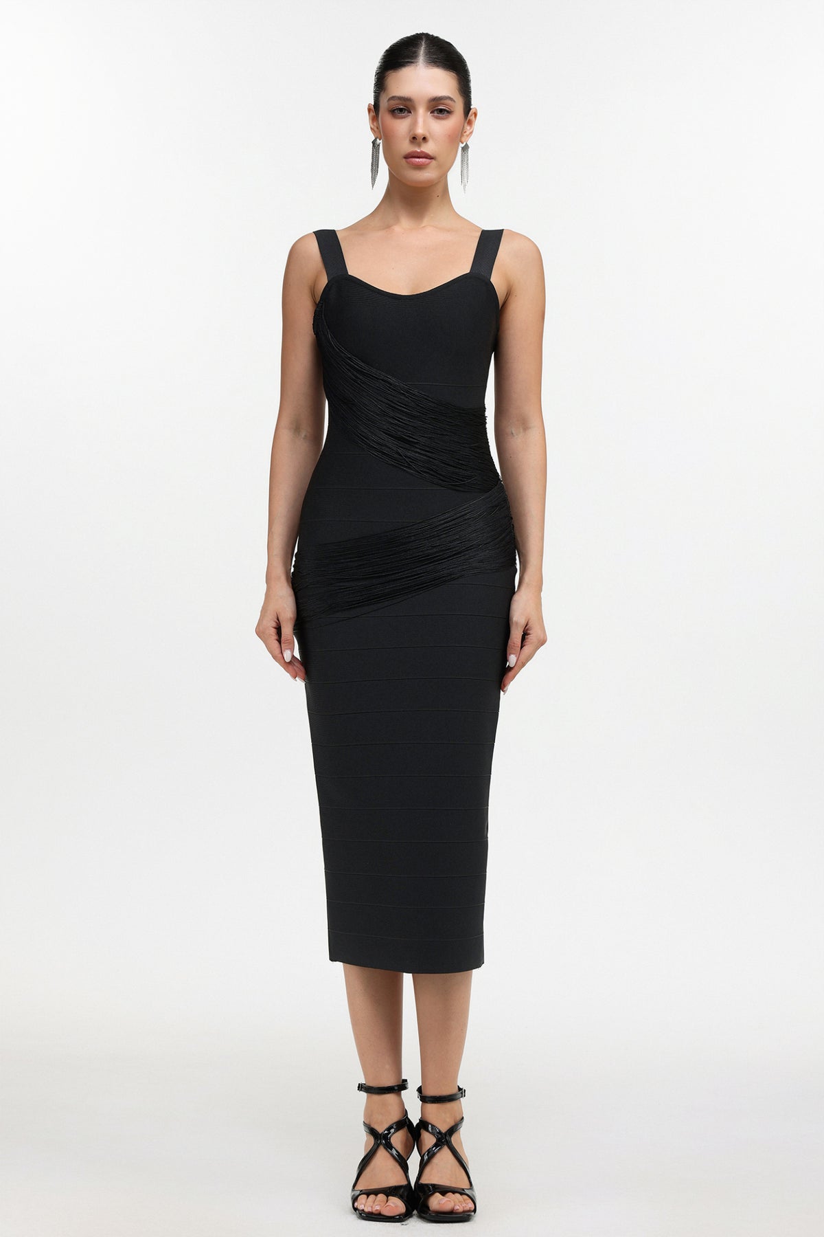 Dasaka Classic Contour Sleeveless Fringe Bandage Maxi Dress