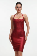 Halter Metallic Bandage Dress - Dark Red