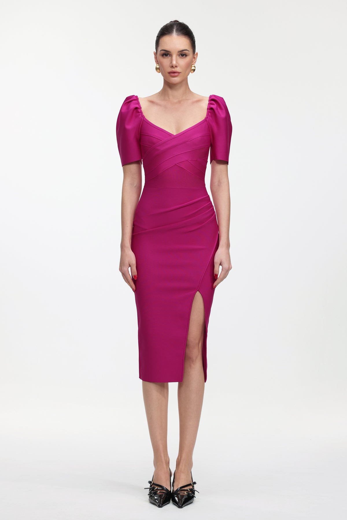 Tadeo Classic Contour Short Sleeve Bandage Rose Pink Midi Dress