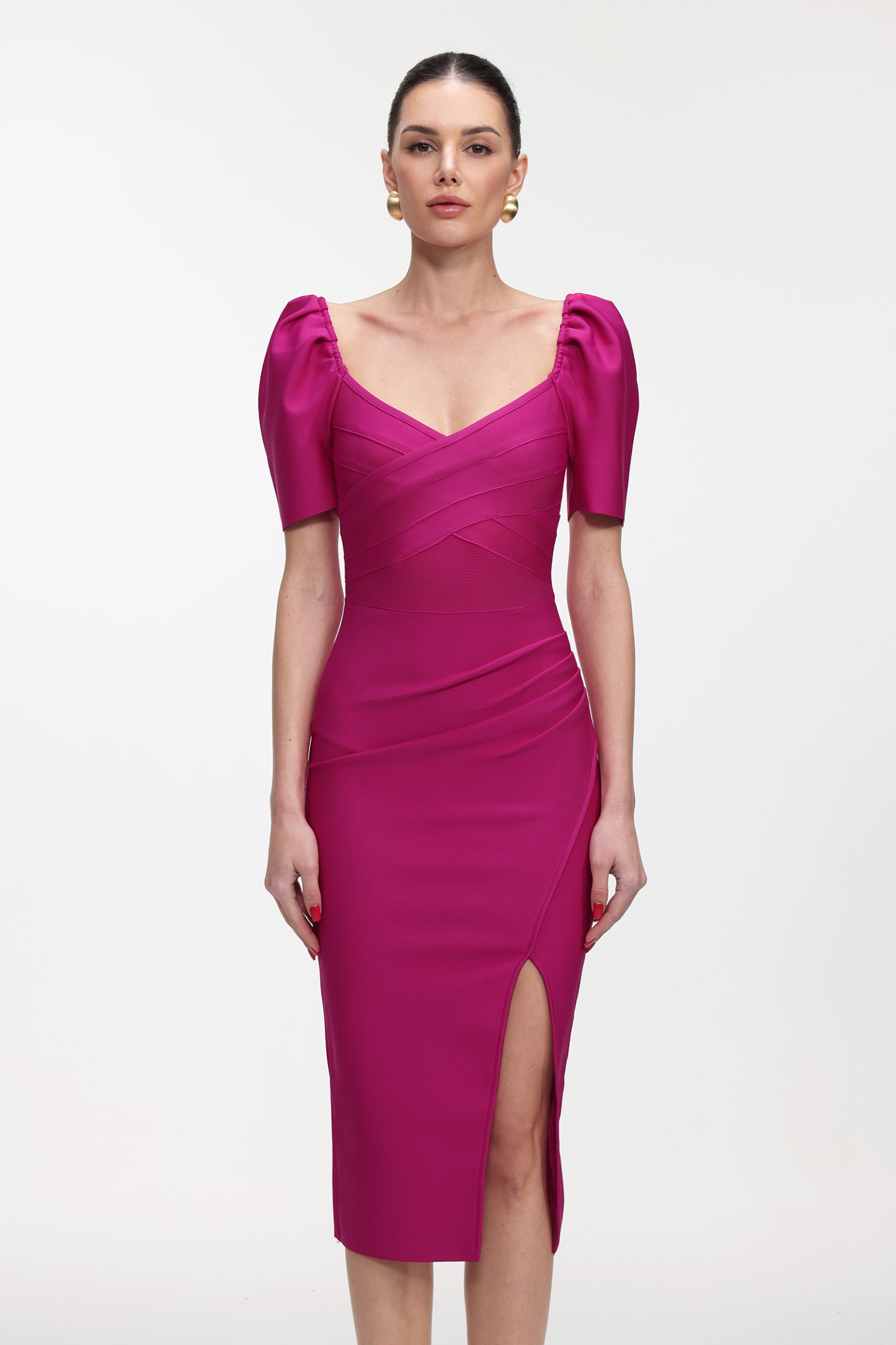 Tadeo Classic Contour Short Sleeve Bandage Rose Pink Midi Dress