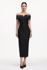 Lilya Elegant Contour Off Shoulder Rhinestone Bandage Maxi Dress