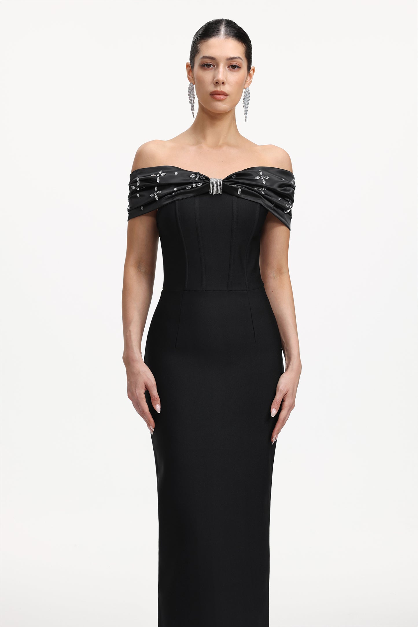 Lilya Elegant Contour Off Shoulder Rhinestone Bandage Maxi Dress