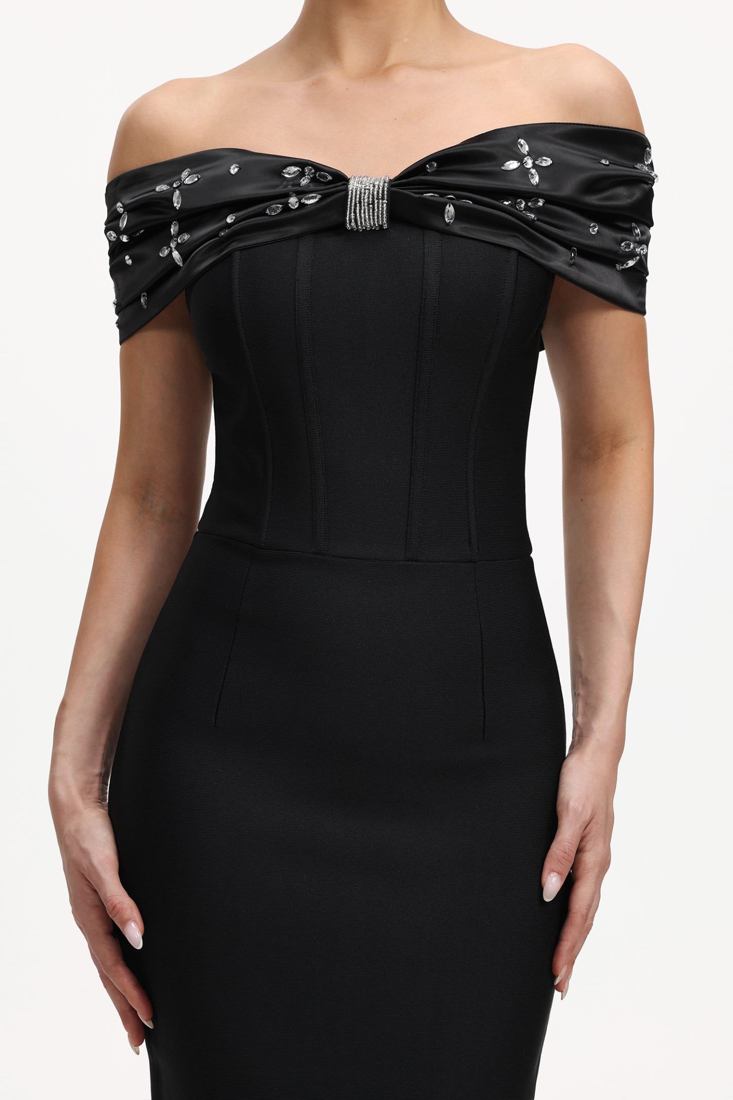 Lilya Elegant Contour Off Shoulder Rhinestone Bandage Maxi Dress