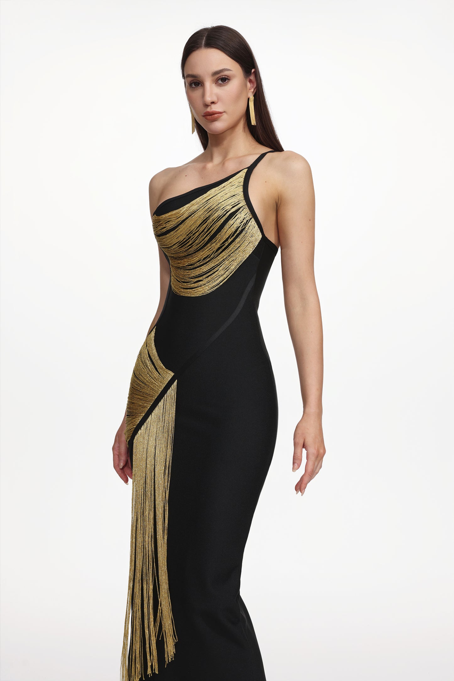 Roanna One Shoulder Sleeveless Golden Tassels Bandage Maxi Dress
