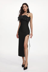 Jacova Elegant Contour Strapless Floral High Slit Bandage Maxi Dress