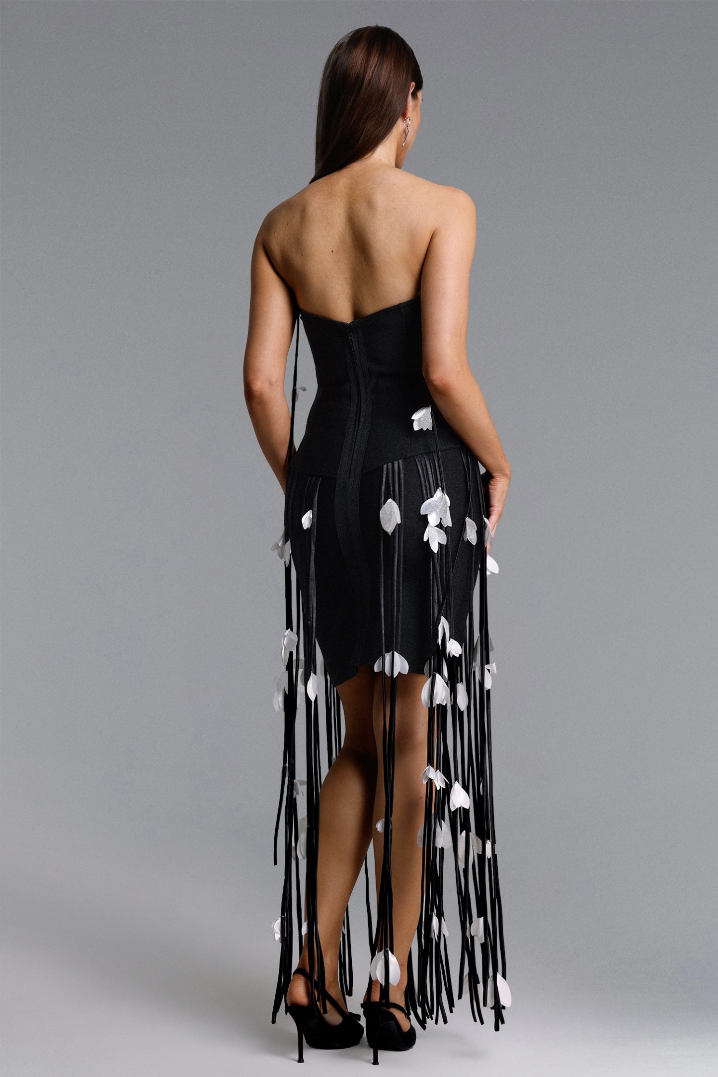 Mikin Chic Contour Strapless Leaf Fringe Bandage Mini Dress