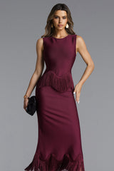Wenesa Classic Tailored Sleeveless Fringe Bandage Maxi Dress