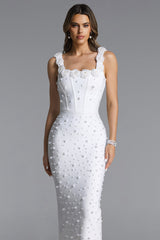 Shea Elegant Contour Square Neck Floral Pearl Bandage Maxi Dress