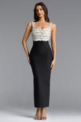 Raanana Elegant Contour Square Neck Sleeveless Floral Applique Bandage Maxi Dress