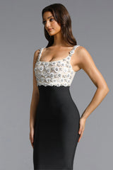 Raanana Elegant Contour Square Neck Sleeveless Floral Applique Bandage Maxi Dress