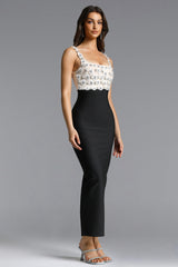 Raanana Elegant Contour Square Neck Sleeveless Floral Applique Bandage Maxi Dress