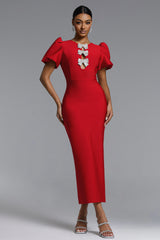 Lazze Romantic Contour Puff Sleeve Bow Bandage Maxi Dress