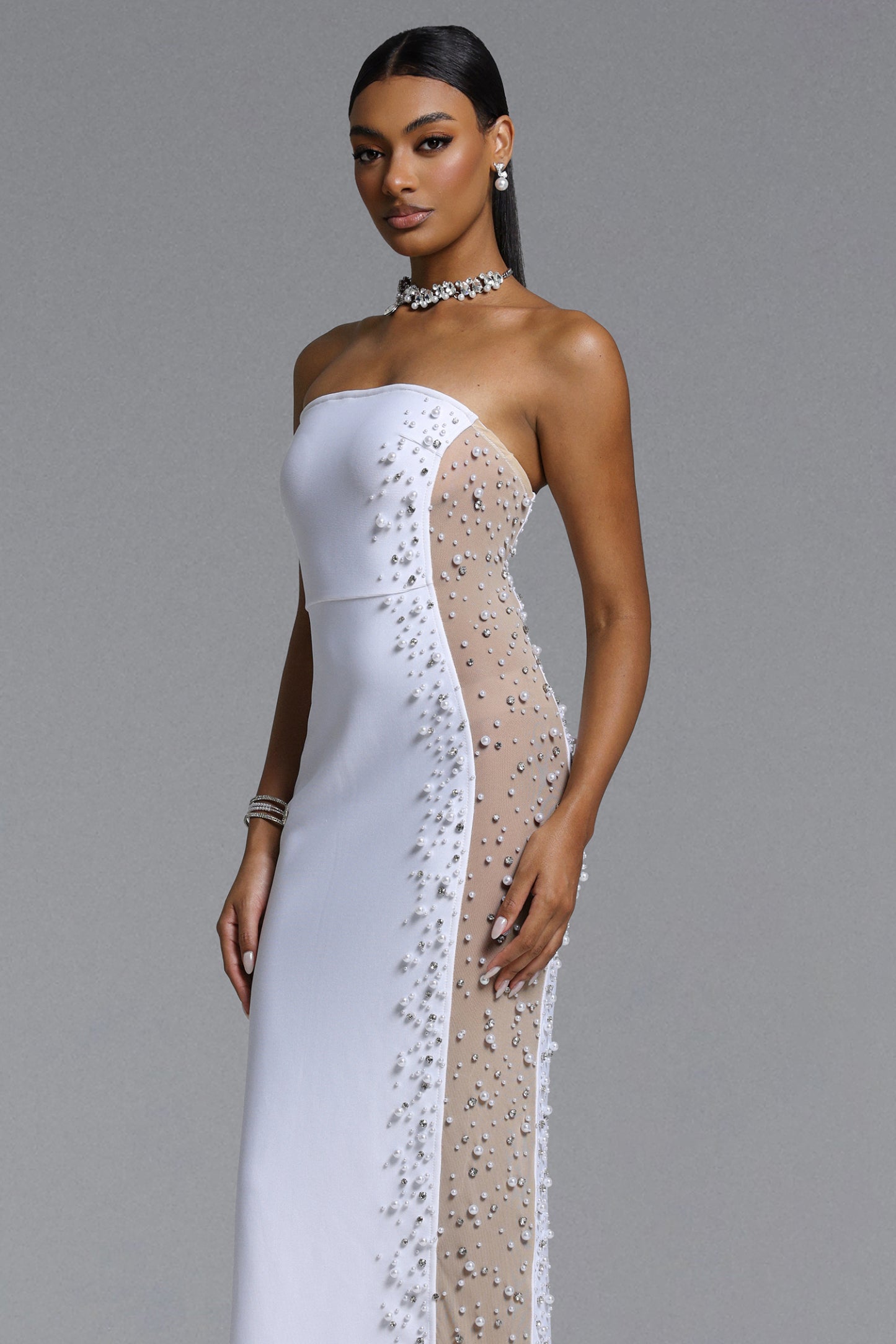 Milena Elegant Contour Strapless Pearl Rhinestone Bandage Maxi Dress