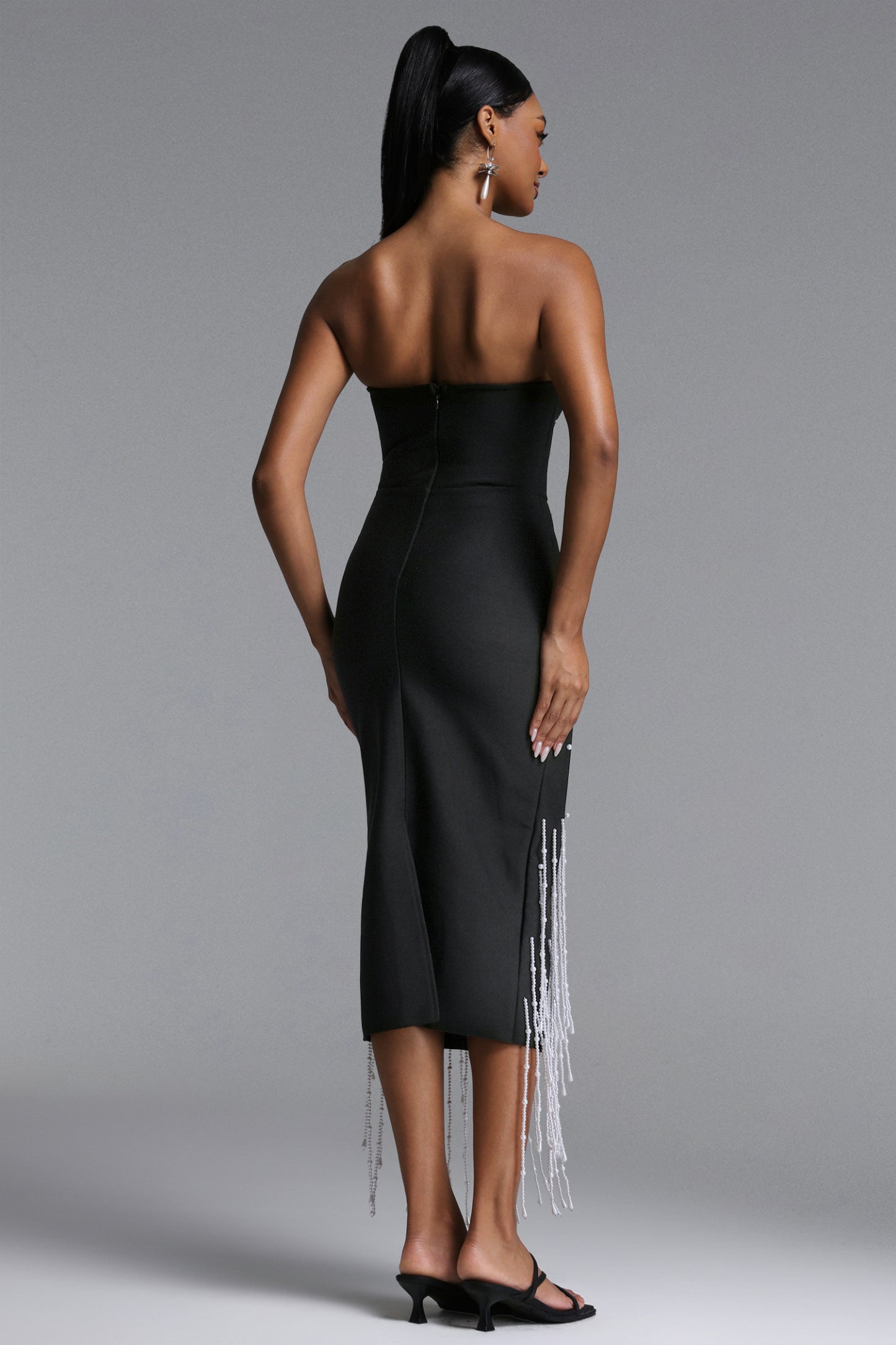 Lafare Chic Contour Strapless Pearl Fringe Bandage Maxi Dress