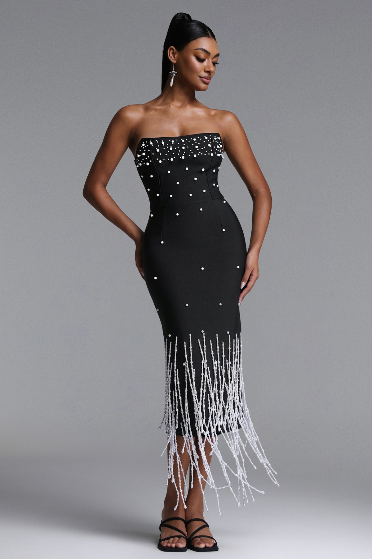 Lafare Chic Contour Strapless Pearl Fringe Bandage Maxi Dress