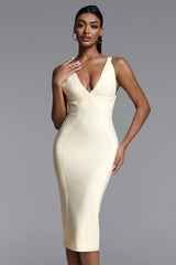 Serren Classic Contour V Neck Curve Bandage Midi Dress