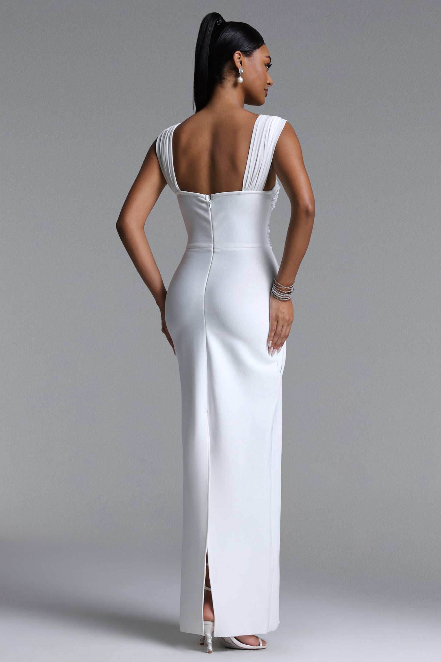 Mako Elegant Contour Pearl Rhinestone Ruched Bandage Maxi Dress