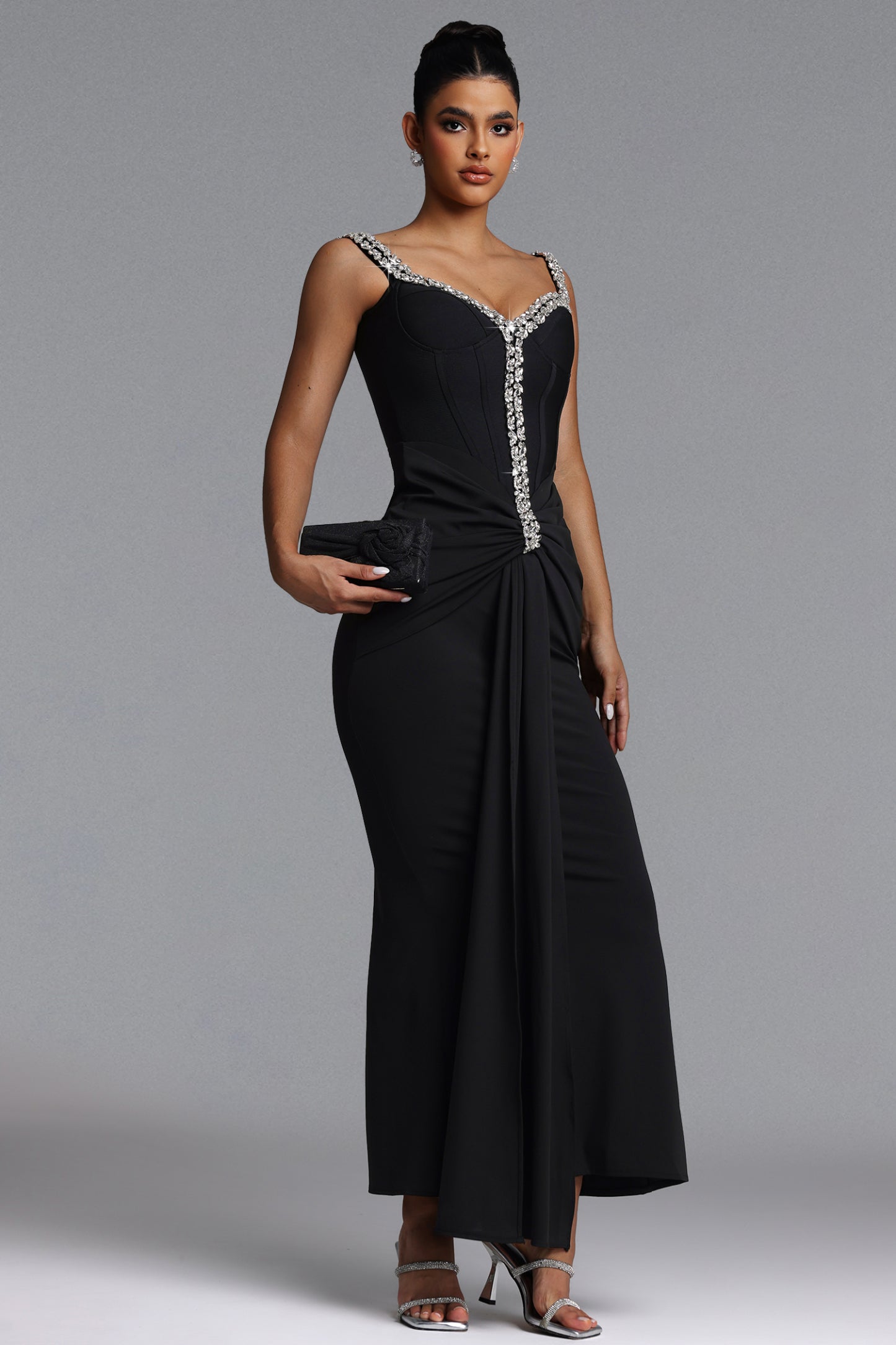 Indigo Glamorous Contour Rhinestone Bandage Maxi Dress