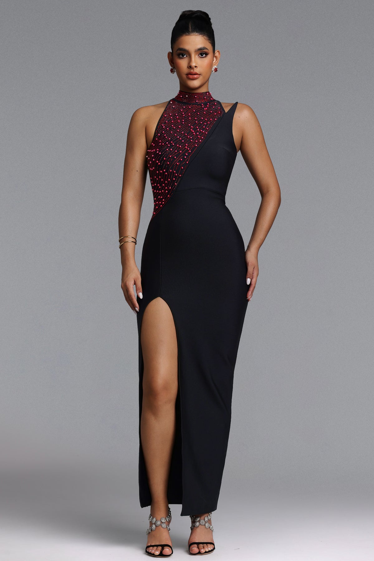Liopa Chic Contour Halter Pearl Crystal Bandage Maxi Dress