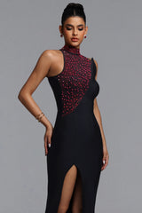Liopa Chic Contour Halter Pearl Crystal Bandage Maxi Dress