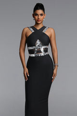 Oyata Chic Contour Halter Sequin Bandage Maxi Dress