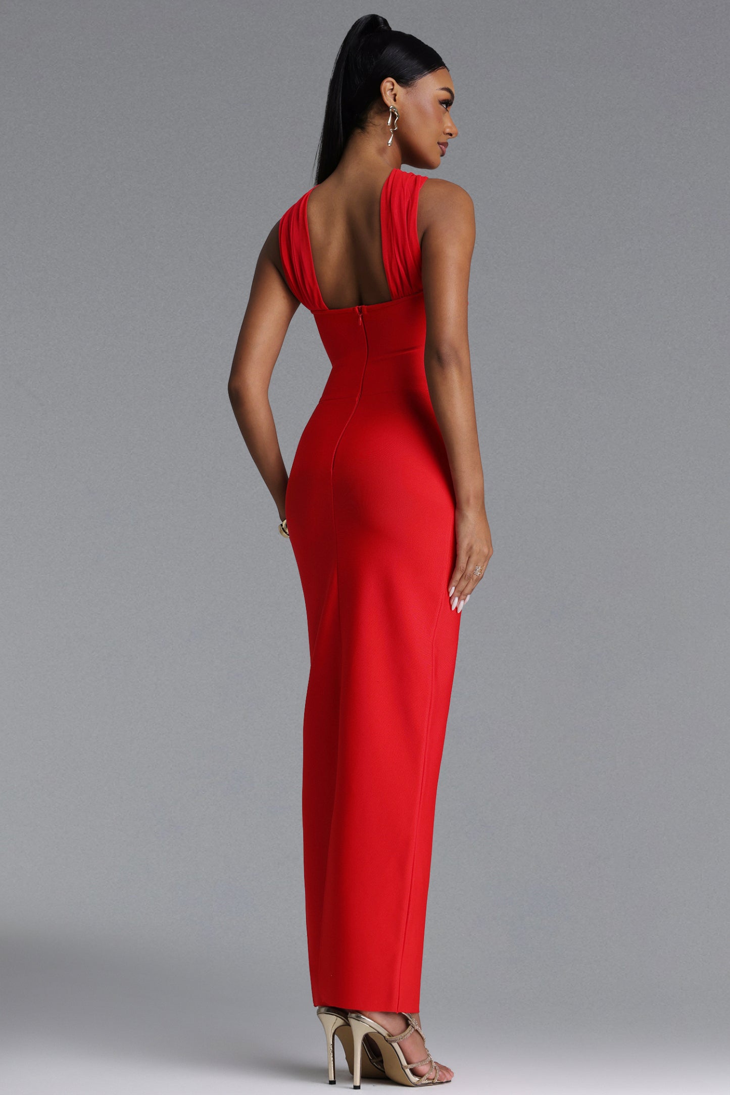 Egbert Chic Contour Halter Star Ruched Mesh Bandage Maxi Dress