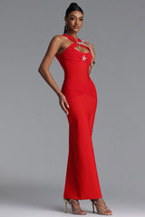 Egbert Chic Contour Halter Star Ruched Mesh Bandage Maxi Dress