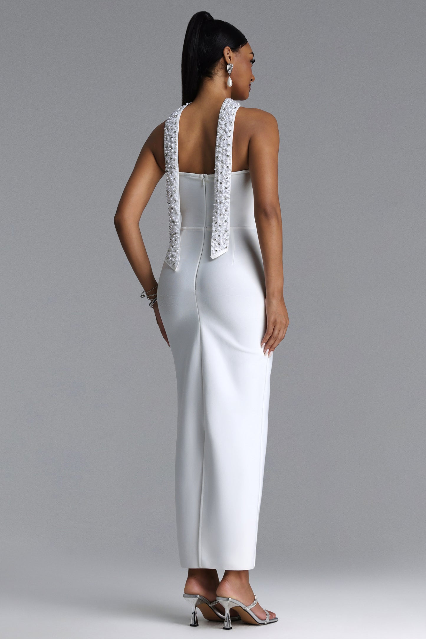 Iunne Chic Contour Strapless Cut Out Pearl Rhinestone Bandage Maxi Dress