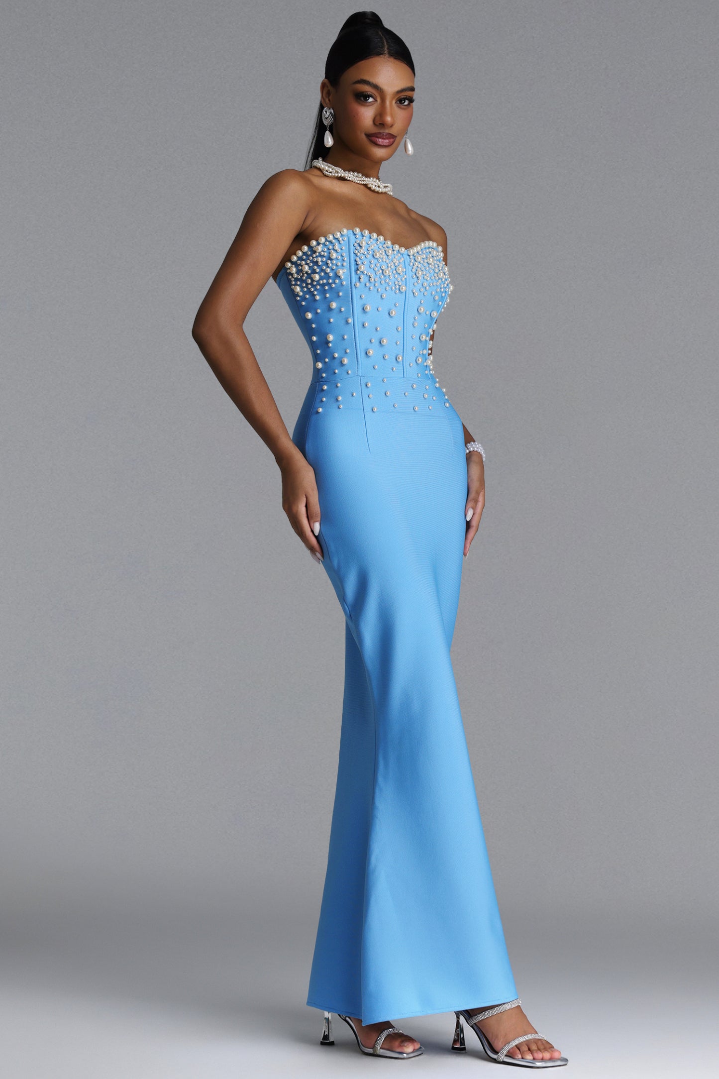 Rebel Elegant Contour Strapless Pearl Bandage Maxi Dress
