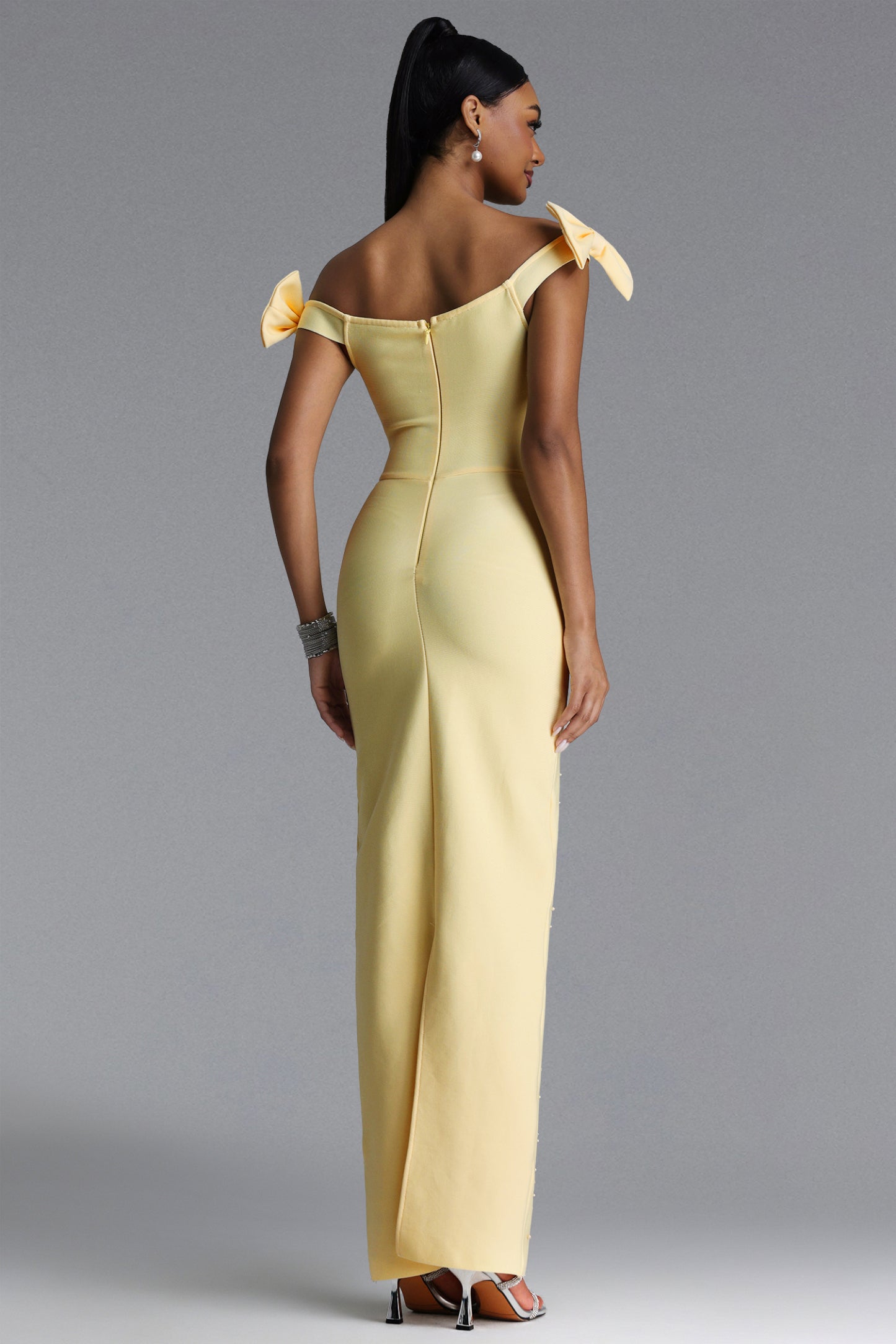 Fanny Chic Contour Off Shoulder Pearl Rhinestone Bandage Maxi Dress