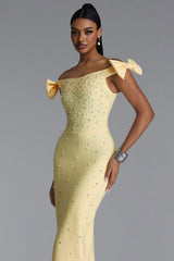 Fanny Chic Contour Off Shoulder Pearl Rhinestone Bandage Maxi Dress