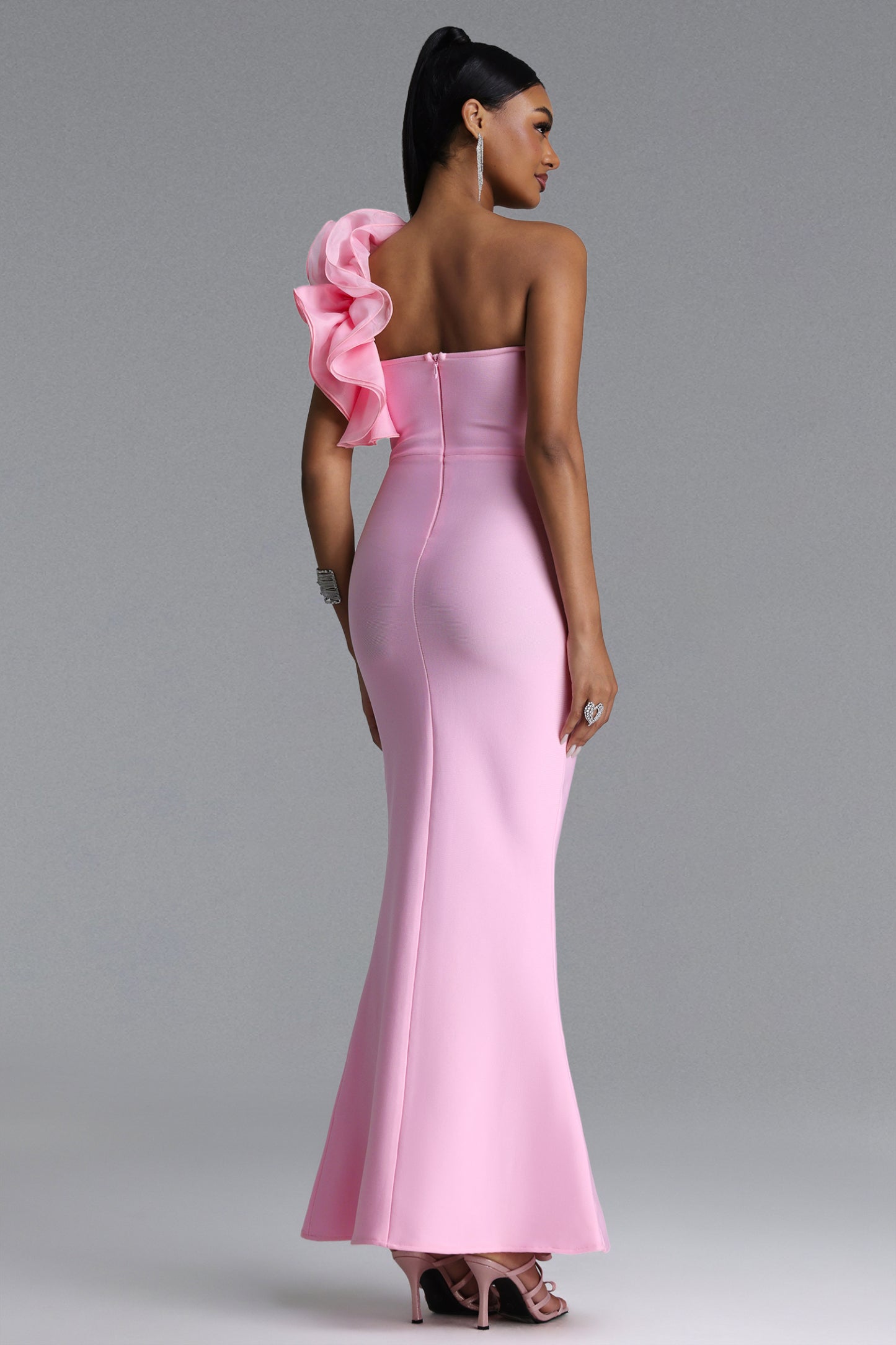 Saslim Romantic Contour One Shoulder Crystal Bandage Maxi Dress