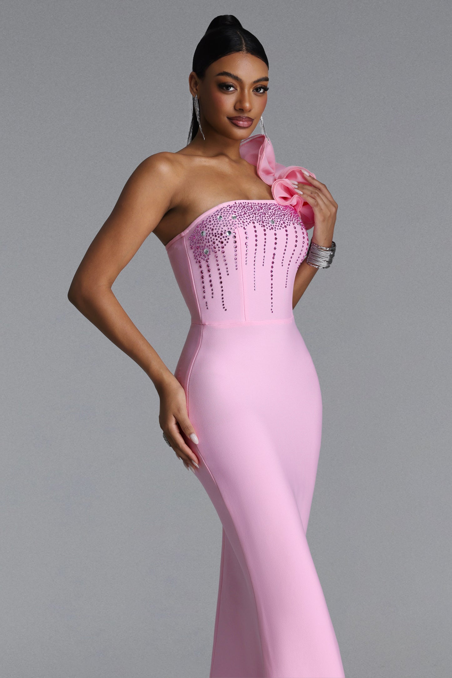 Saslim Romantic Contour One Shoulder Crystal Bandage Maxi Dress