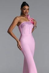 Saslim Romantic Contour One Shoulder Crystal Bandage Maxi Dress