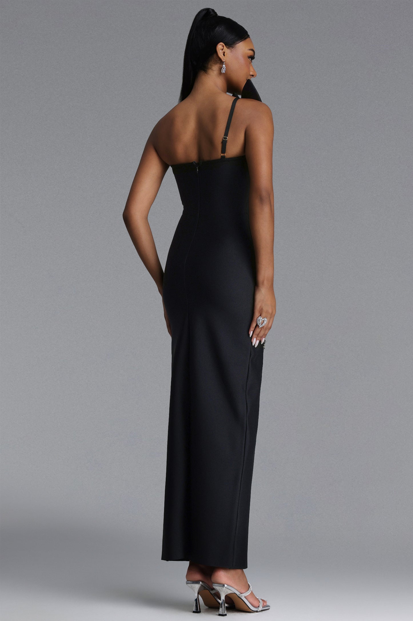 Ohney Chic Contour Strapless Asymmetric Rhinestone Black Bandage Maxi Dress