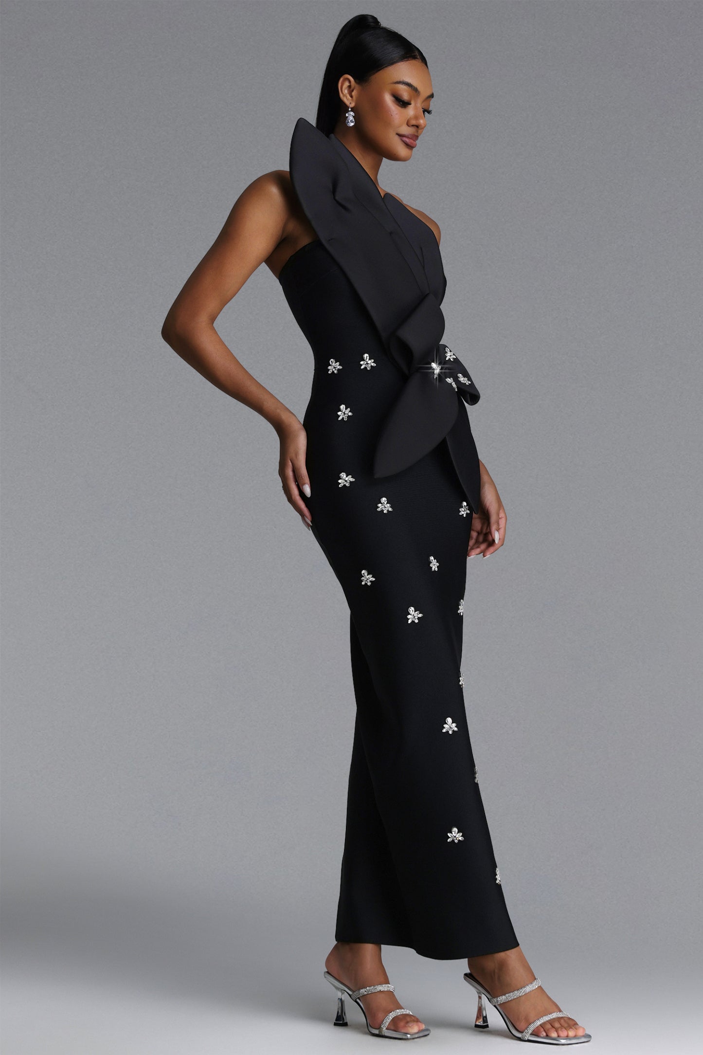 Ohney Chic Contour Strapless Asymmetric Rhinestone Black Bandage Maxi Dress