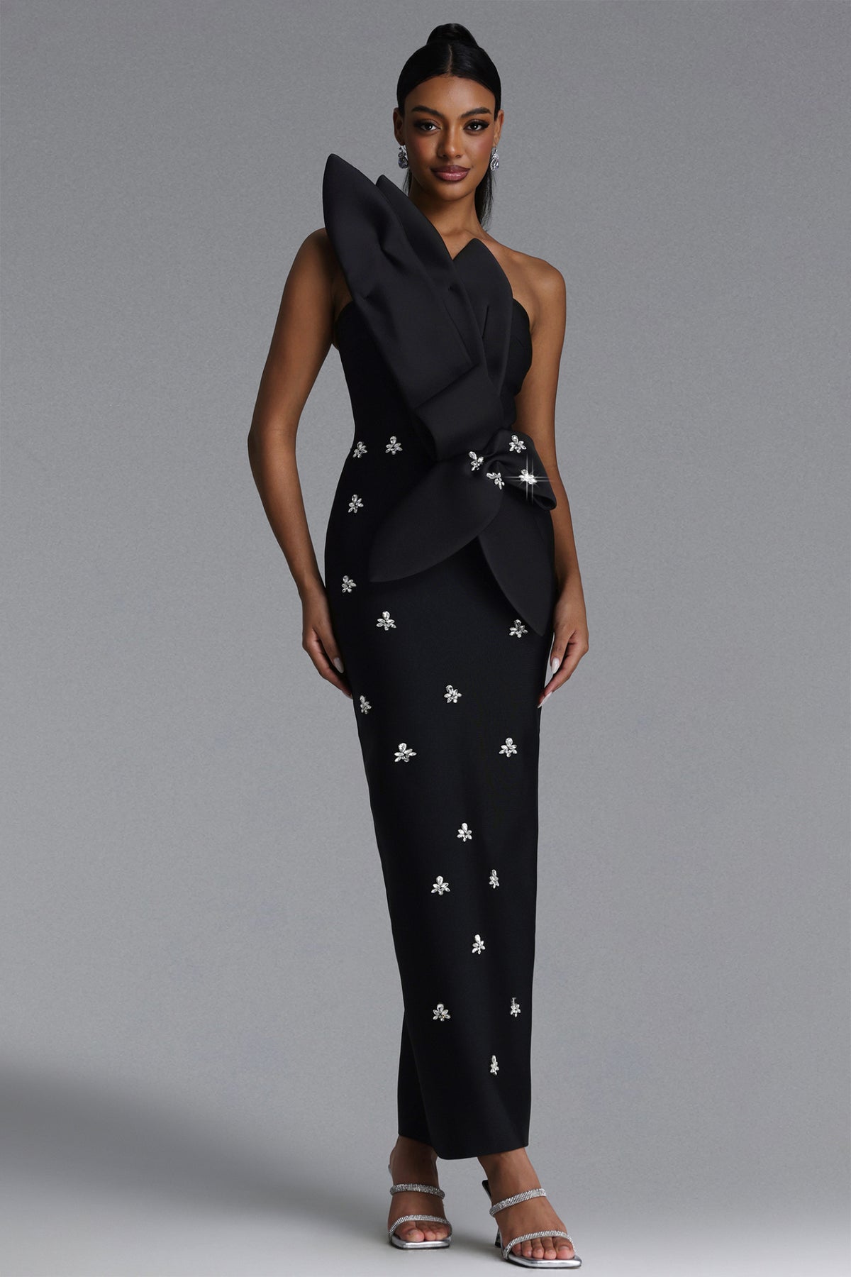 Ohney Chic Contour Strapless Asymmetric Rhinestone Black Bandage Maxi Dress