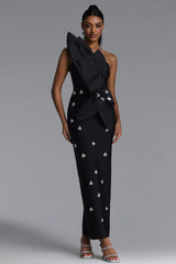 Ohney Chic Contour Strapless Asymmetric Rhinestone Black Bandage Maxi Dress