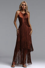 Taye Classic Contour Halter Fringe Bandage Red Maxi Dress
