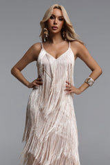 Alex Classic Contour V Neck Layered Fringe Bandage Maxi Dress