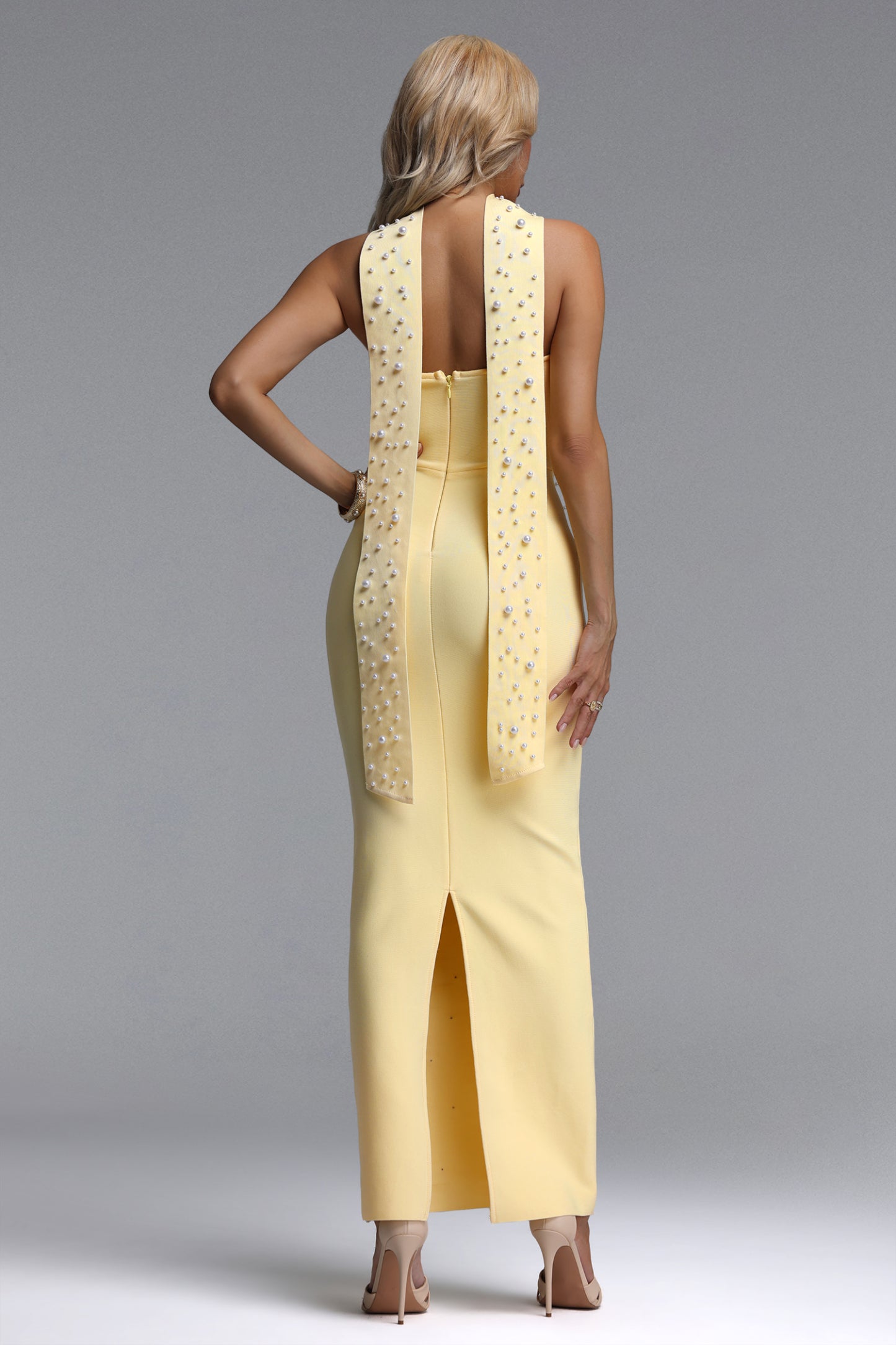 Dierea Glamorous Contour Strapless Pearl Bandage Yellow Maxi Dress