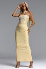 Dierea Glamorous Contour Strapless Pearl Bandage Yellow Maxi Dress