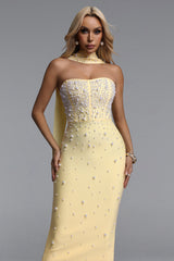 Dierea Glamorous Contour Strapless Pearl Bandage Yellow Maxi Dress