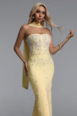 Dierea Glamorous Contour Strapless Pearl Bandage Yellow Maxi Dress