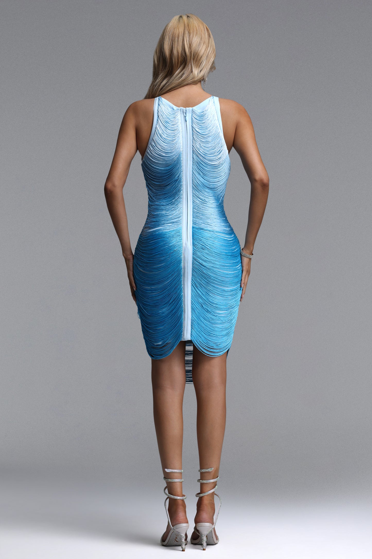 Kimala Chic Contour Sleeveless Gradient Fringe Bandage Blue Midi Dress