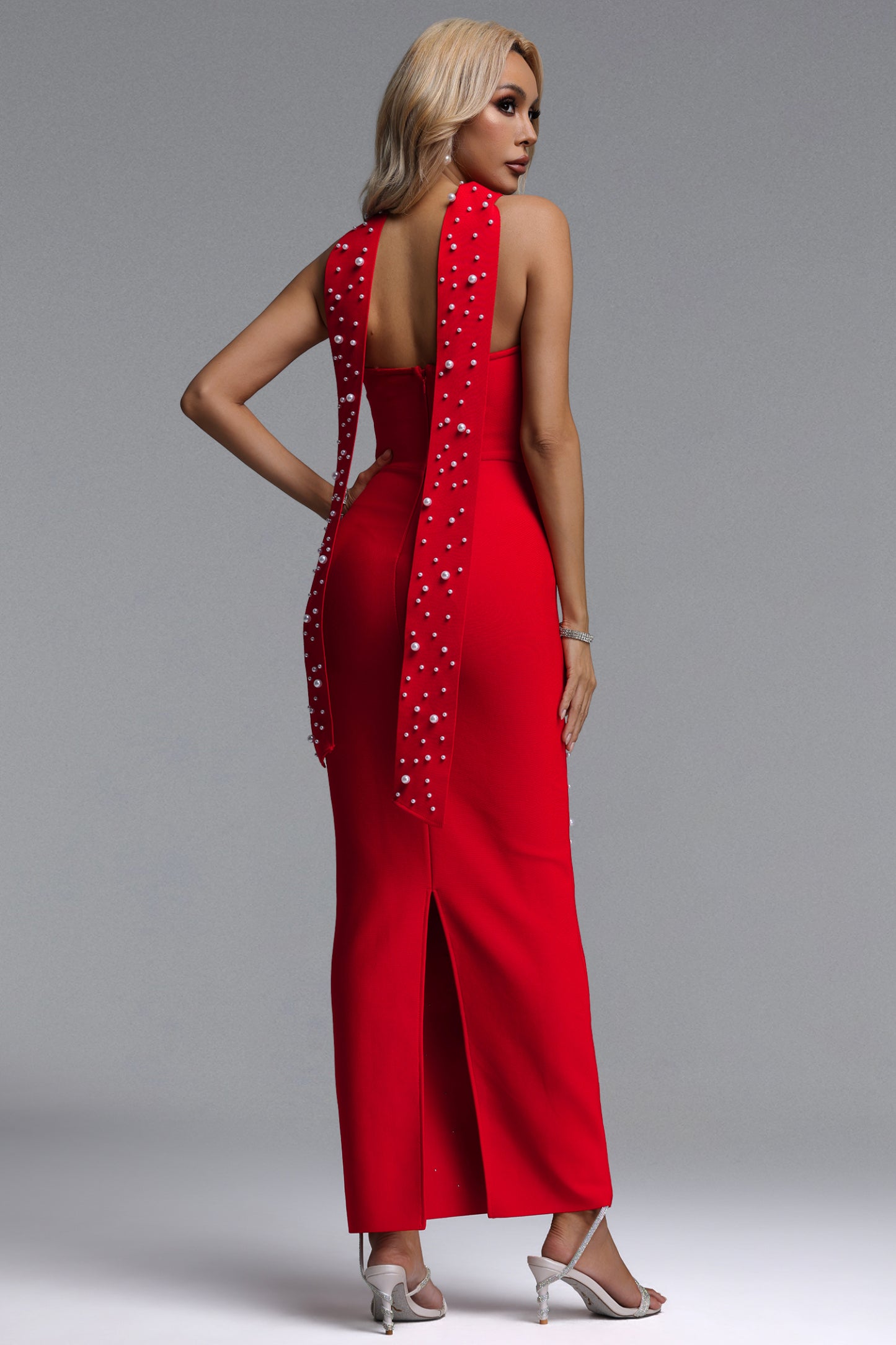 Dierea Glamorous Contour Strapless Pearl Bandage Red Maxi Dress